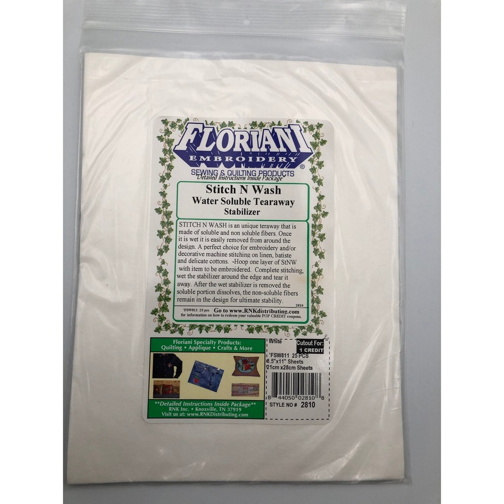 Floriani Stitch N Wash Water Soluble Tearaway Stabilizer 25 Sheets 8.5x11 FSW811